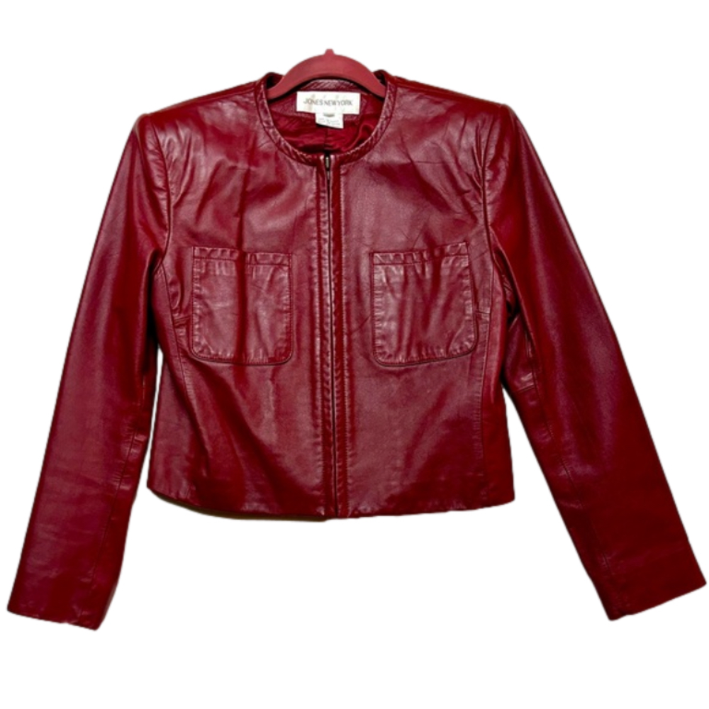 Jones New York Women’s Moto Leather Jacket Size 4 Maroon Full Zip 2 Pockets